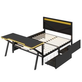 Full Size Metal Gaming Platform Bed with LED Headboard, LED Desk, USB and Two Storage Drawers