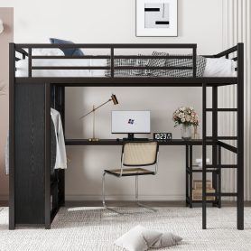 Metal Full Size Loft Bed Frame With Built-in Wardrobe, Desk And Storage Shelves