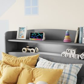 Twin Pine Wood Bed With Bookcase Headboard , LED Light and Guardrails