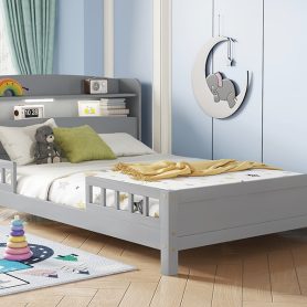 Full Pine Wood Bed with Bookcase Headboard ,LED Motion Sensor Light, Bed Guardrails