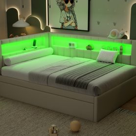 Upholstered Full Size Platform Bed with USB Ports, LED Belt and Trundle
