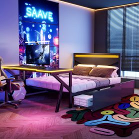 Full Size Metal Gaming Platform Bed with LED Headboard, LED Desk, USB and Two Storage Drawers