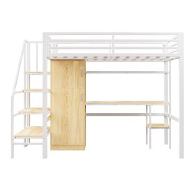 Metal Twin Loft Bed With Desk, Shelf, Wardrobe and Storage Staircase