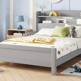 Full Pine Wood Bed with Bookcase Headboard ,LED Motion Sensor Light, Bed Guardrails