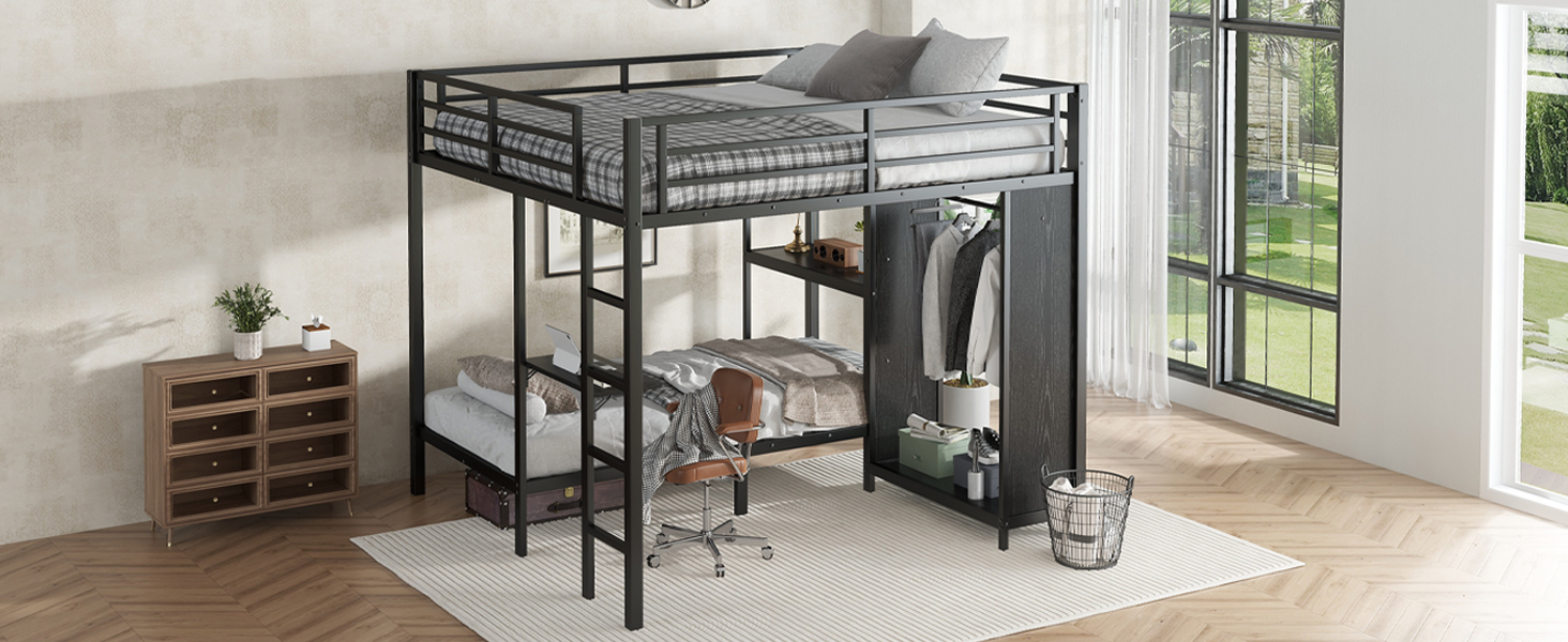 Metal King over Twin XL Size Bunk Bed Frame with Built-in Wardrobe 17 Metal King over Twin XL Size Bunk Bed Frame with Built-in Wardrobe