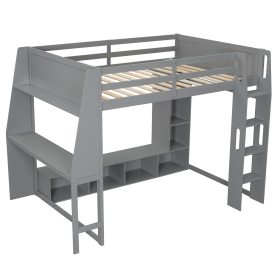 Wood Full Size Gaming Loft Bed with Desk, Multi-storage Shelves, LED and a Hanging Clothes Rack