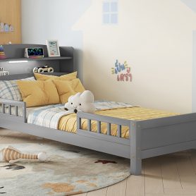 Twin Pine Wood Bed With Bookcase Headboard , LED Light and Guardrails