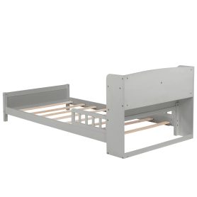 Twin Pine Wood Bed With Bookcase Headboard , LED Light and Guardrails