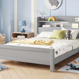 Full Pine Wood Bed with Bookcase Headboard ,LED Motion Sensor Light, Bed Guardrails