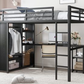 Metal Full Size Loft Bed Frame With Built-in Wardrobe, Desk And Storage Shelves
