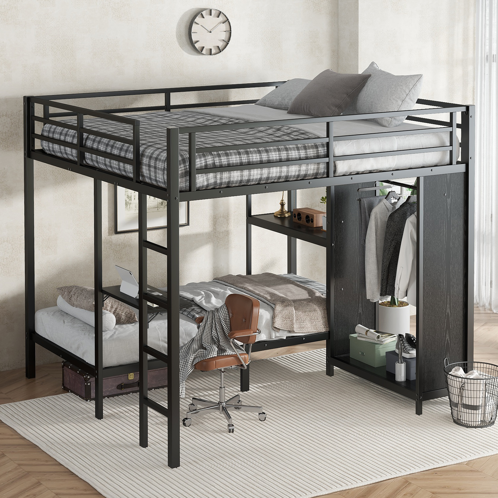 Metal King over Twin XL Size Bunk Bed Frame with Built-in Wardrobe 4 Metal King over Twin XL Size Bunk Bed Frame with Built-in Wardrobe