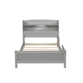 Twin Pine Wood Bed With Bookcase Headboard , LED Light and Guardrails