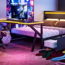 Full Size Metal Gaming Platform Bed with LED Headboard, LED Desk, USB and Two Storage Drawers