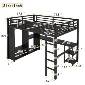 Metal Full Size Loft Bed Frame With Built-in Wardrobe, Desk And Storage Shelves