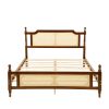 Queen Pine Wooden Bed With Rattan Headboard  And Footboard, With  Central Enhanced Bed Platform