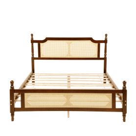 Queen Pine Wooden Bed With Rattan Headboard  And Footboard, With  Central Enhanced Bed Platform
