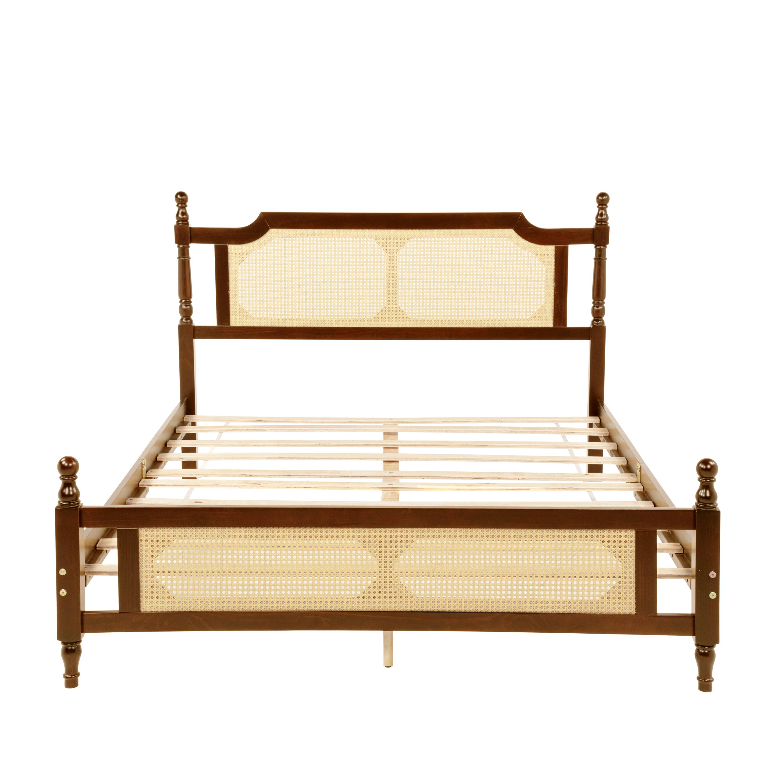 Queen Pine Wooden Bed With Rattan Headboard And Footboard, With Central Enhanced Bed Platform 3 Queen Pine Wooden Bed With Rattan Headboard And Footboard, With Central Enhanced Bed Platform