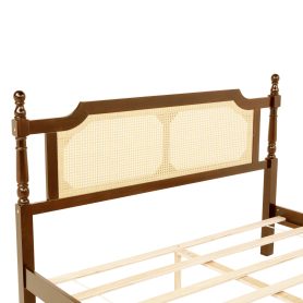 Queen Pine Wooden Bed With Rattan Headboard And Footboard, With Central Enhanced Bed Platform 25 Queen Pine Wooden Bed With Rattan Headboard And Footboard, With Central Enhanced Bed Platform