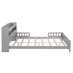 Full Pine Wood Bed with Bookcase Headboard ,LED Motion Sensor Light, Bed Guardrails