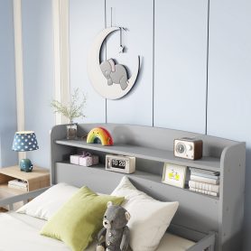 Full Pine Wood Bed with Bookcase Headboard ,LED Motion Sensor Light, Bed Guardrails