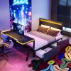 Full Size Metal Gaming Platform Bed with LED Headboard, LED Desk, USB and Two Storage Drawers