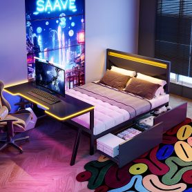 Full Size Metal Gaming Platform Bed with LED Headboard, LED Desk, USB and Two Storage Drawers