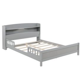 Full Pine Wood Bed with Bookcase Headboard ,LED Motion Sensor Light, Bed Guardrails