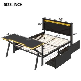 Full Size Metal Gaming Platform Bed with LED Headboard, LED Desk, USB and Two Storage Drawers