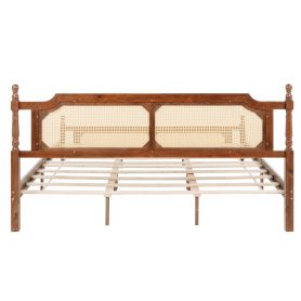 King Pine Wooden Bed With Rattan Headboard And Footboard, With Central Enhanced Bed Platform 32 King Pine Wooden Bed With Rattan Headboard And Footboard, With Central Enhanced Bed Platform