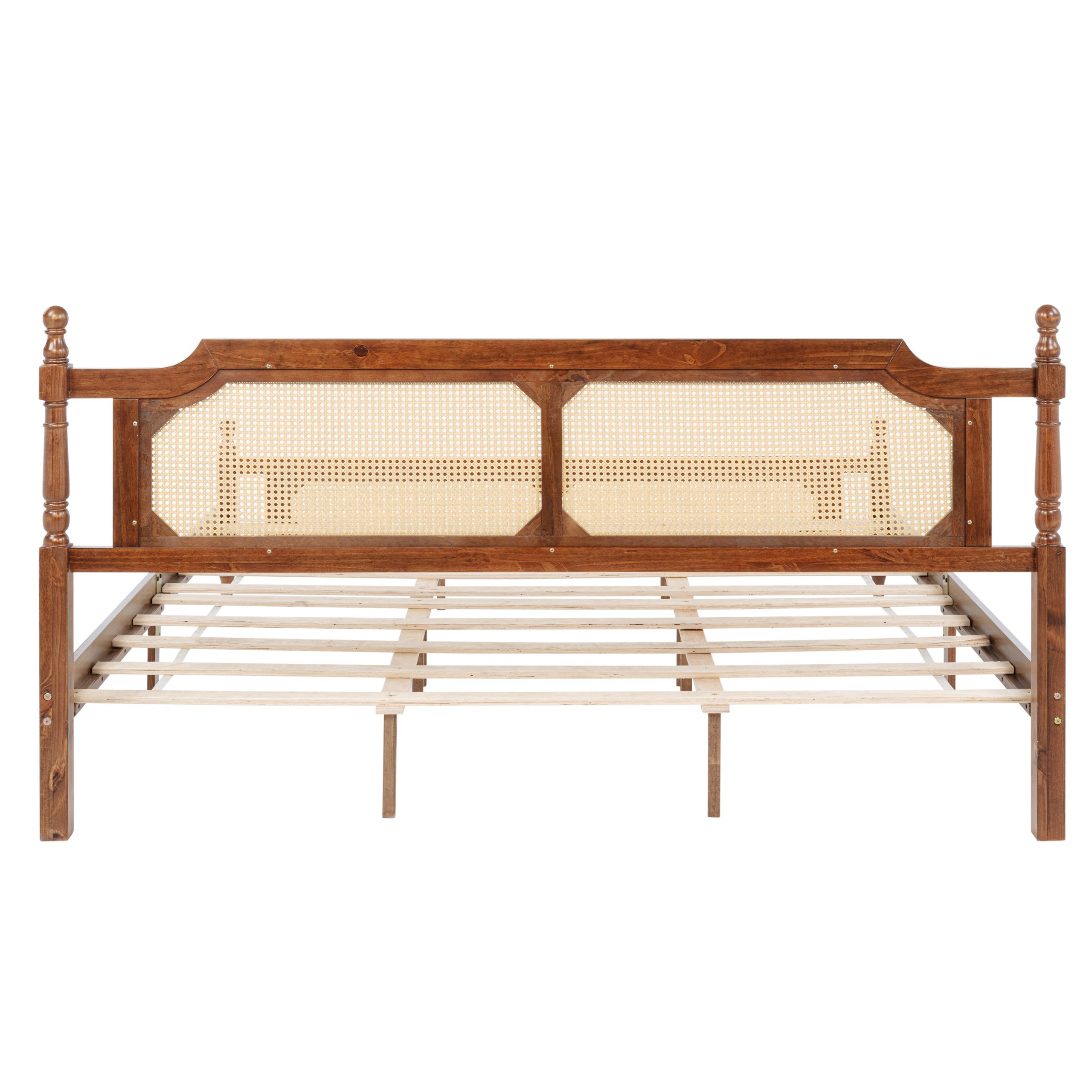 King Pine Wooden Bed With Rattan Headboard And Footboard, With Central Enhanced Bed Platform 17 King Pine Wooden Bed With Rattan Headboard And Footboard, With Central Enhanced Bed Platform