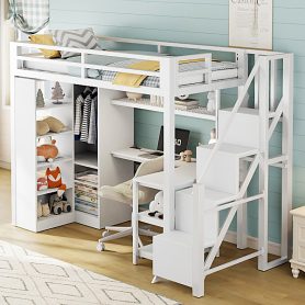 Metal Twin Loft Bed With Desk, Usb Ports, 5-layer Shelf,  Wardrobe And Stepped Stairs