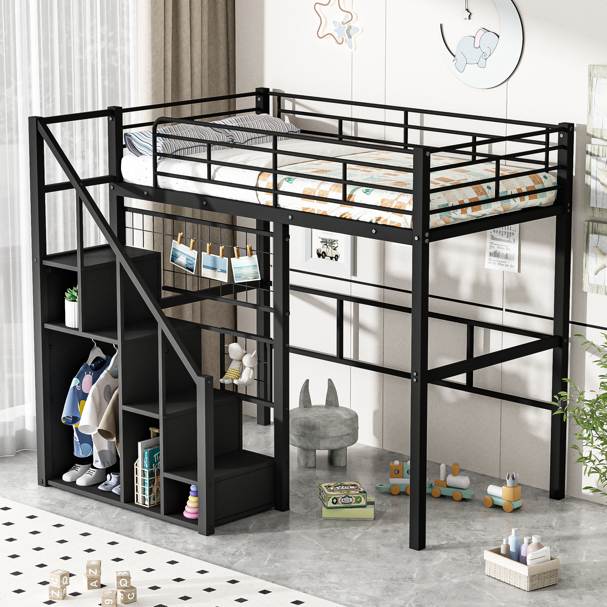 Twin Size Metal Loft Bed with Storage Staircase and Small Wardrobe