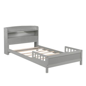 Twin Pine Wood Bed With Bookcase Headboard , LED Light and Guardrails