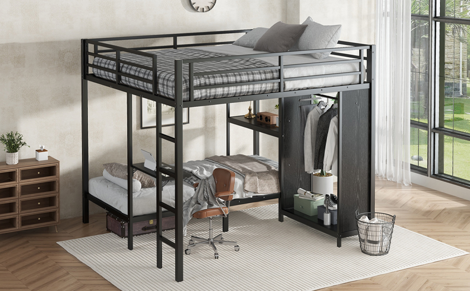 Metal King over Twin XL Size Bunk Bed Frame with Built-in Wardrobe 15 Metal King over Twin XL Size Bunk Bed Frame with Built-in Wardrobe