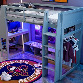 Wood Twin Size Gaming Loft Bed with Desk, Multi-storage Shelves, LED and a Hanging Clothes Rack