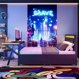 Full Size Metal Gaming Platform Bed with LED Headboard, LED Desk, USB and Two Storage Drawers