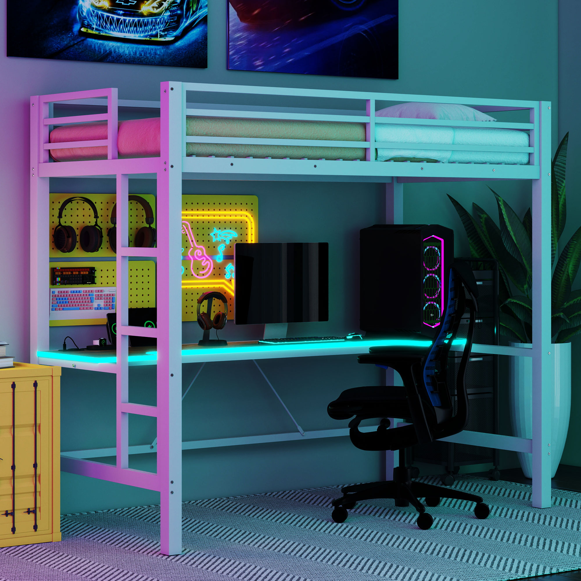Twin Size Gaming Metal Loft Bed Frame with LED Light and Desk