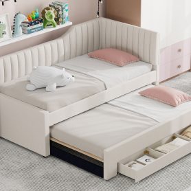 Upholstered Twin Size Daybed with Trundle and Three Drawers