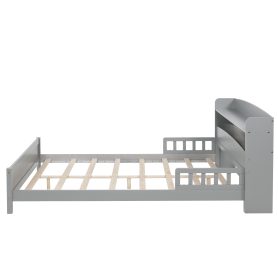 Full Pine Wood Bed with Bookcase Headboard ,LED Motion Sensor Light, Bed Guardrails