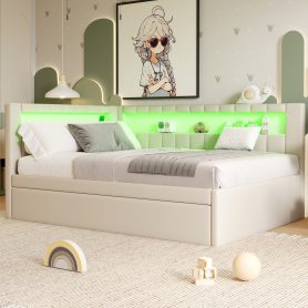 Upholstered Full Size Platform Bed with USB Ports, LED Belt and Trundle