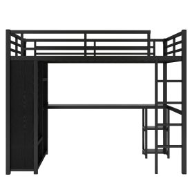 Metal Full Size Loft Bed Frame With Built-in Wardrobe, Desk And Storage Shelves