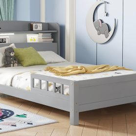 Full Pine Wood Bed with Bookcase Headboard ,LED Motion Sensor Light, Bed Guardrails