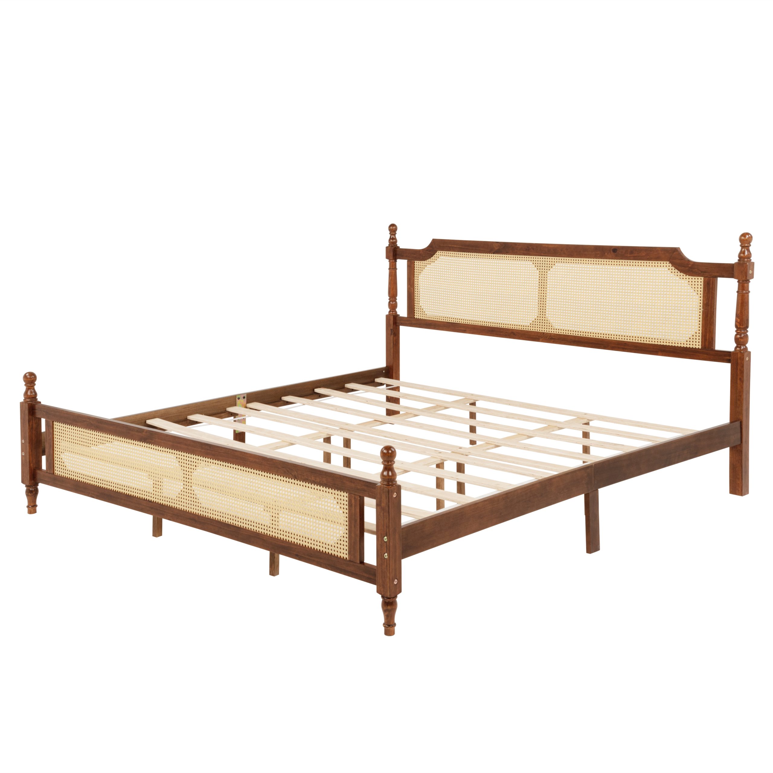 King Pine Wooden Bed With Rattan Headboard And Footboard, With Central Enhanced Bed Platform 16 King Pine Wooden Bed With Rattan Headboard And Footboard, With Central Enhanced Bed Platform