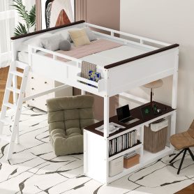 Queen Size Loft Bed with Desk, Open Shelf and a Storage Box, USB Charging Station 25 Queen Size Loft Bed with Desk, Open Shelf and a Storage Box, USB Charging Station