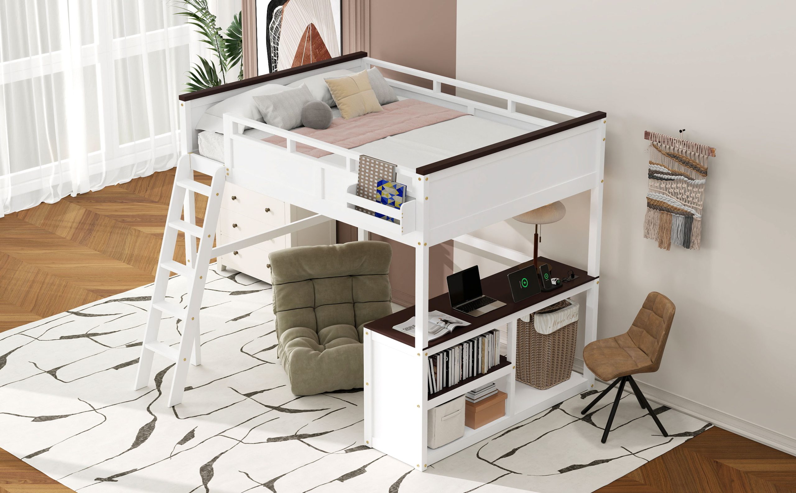 Queen Size Loft Bed with Desk, Open Shelf and a Storage Box, USB Charging Station 7 Queen Size Loft Bed with Desk, Open Shelf and a Storage Box, USB Charging Station