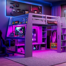 Wood Full Size Gaming Loft Bed with Desk, Multi-storage Shelves, LED and a Hanging Clothes Rack