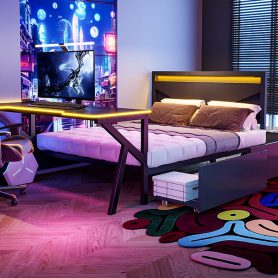 Full Size Metal Gaming Platform Bed with LED Headboard, LED Desk, USB and Two Storage Drawers