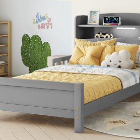 Twin Pine Wood Bed With Bookcase Headboard , LED Light and Guardrails