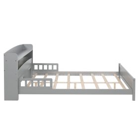 Full Pine Wood Bed with Bookcase Headboard ,LED Motion Sensor Light, Bed Guardrails