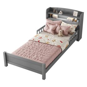 Twin Pine Wood Bed With Bookcase Headboard , LED Light and Guardrails